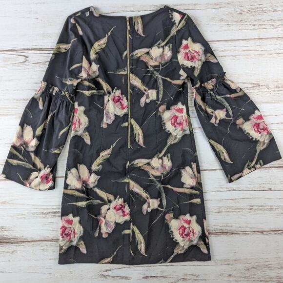 White Hours Black Market Statement Sleeve Floral Print Black Dress Sz 6 - Picture 2 of 5
